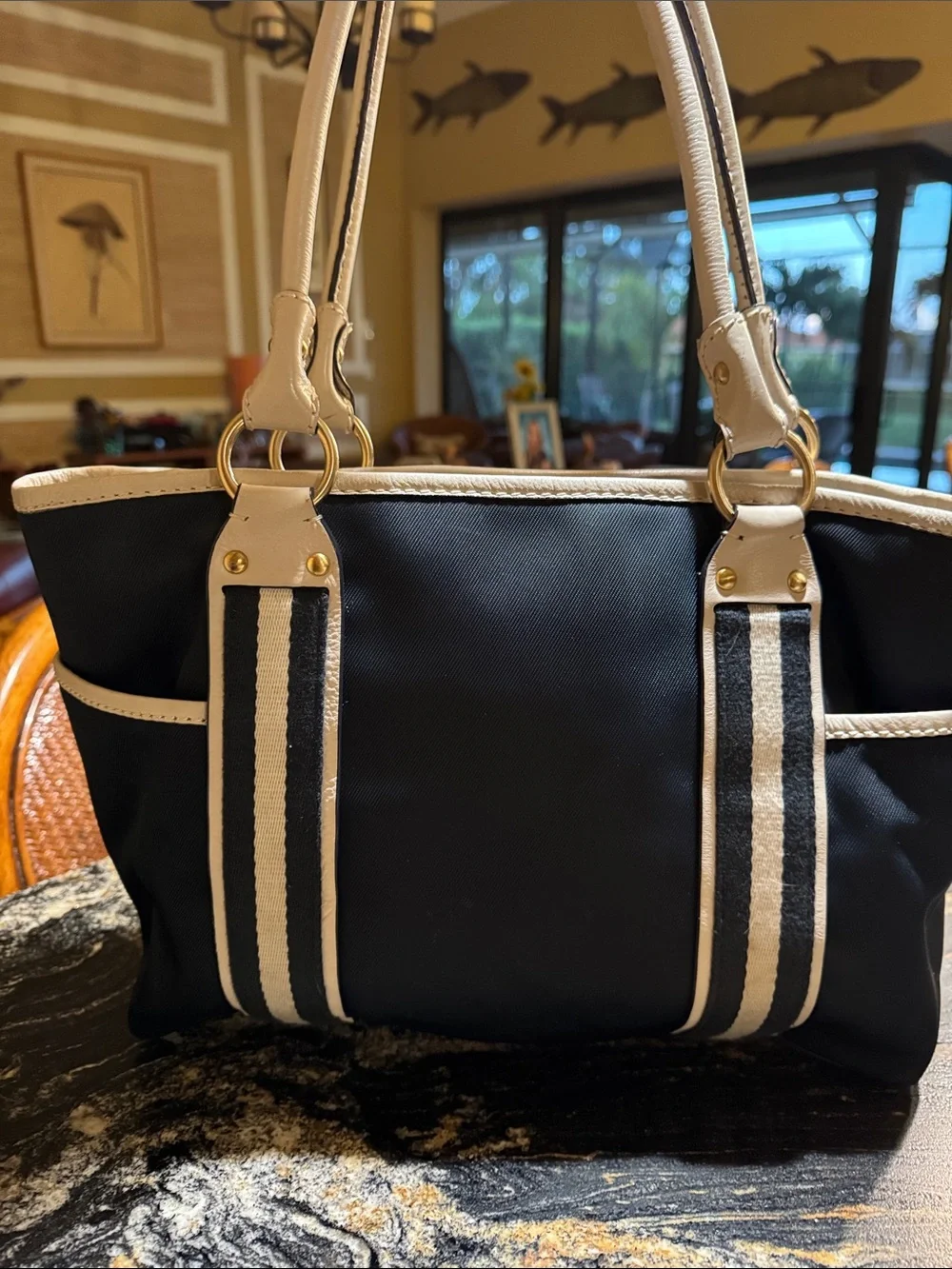 Michael Kors Navy Tote with Cream Trim and Striped Handles